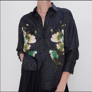 Zara black silky polka dot floral shirt